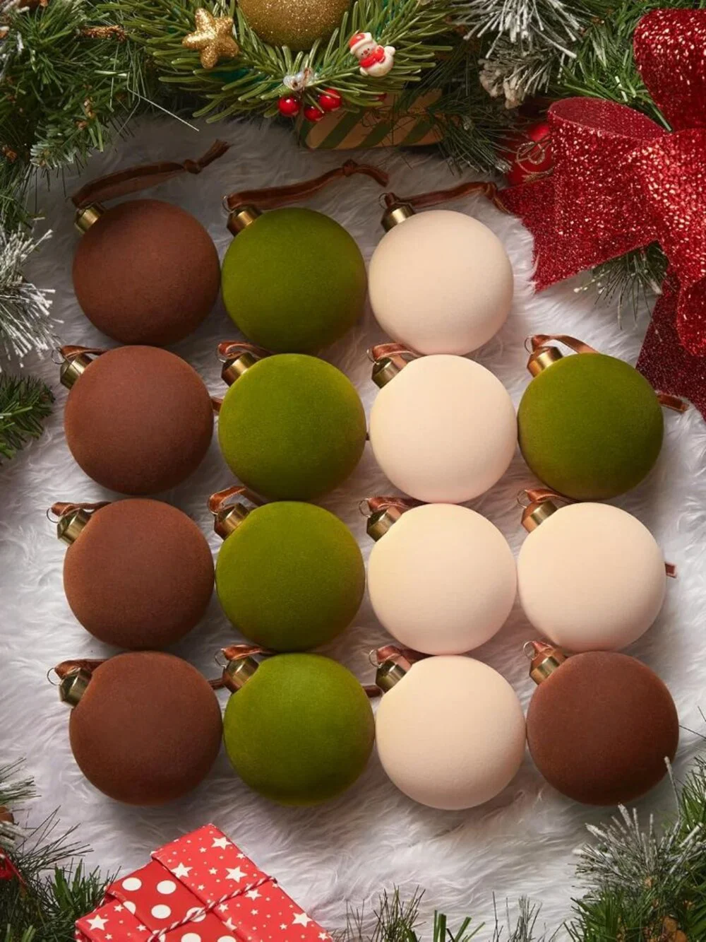 Brightown Velvet Christmas Ball Ornaments Set of 15 Green Brown Cream Holiday